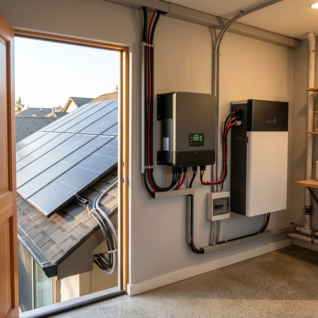 Solar system showing panels, inverter and battery