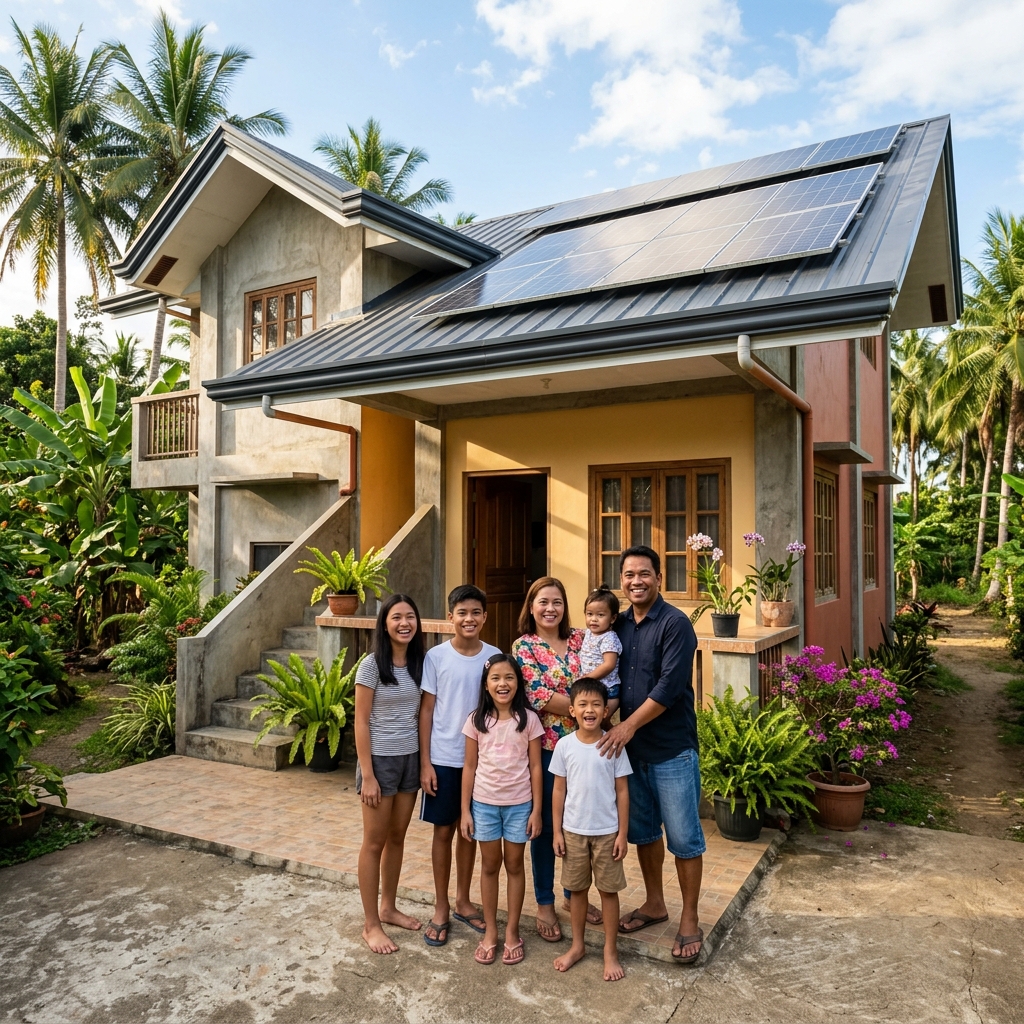 Filipino family with solar panels on their home